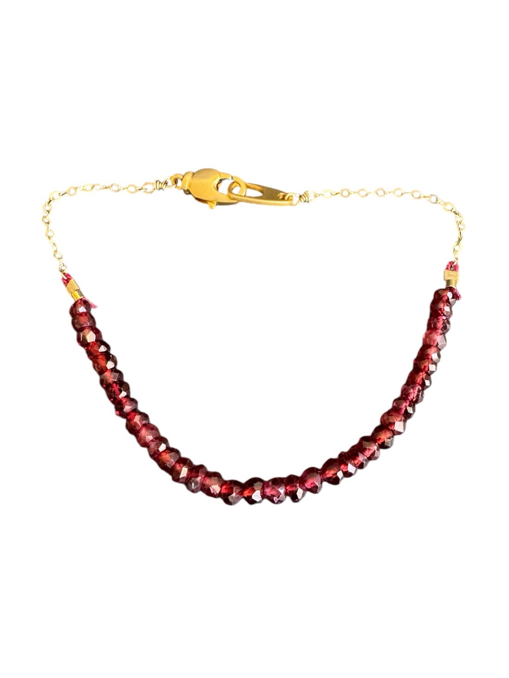 Garnet Red Beaded Bracelet Dainty Gold Tone Chain Maroon Bead 8.25"